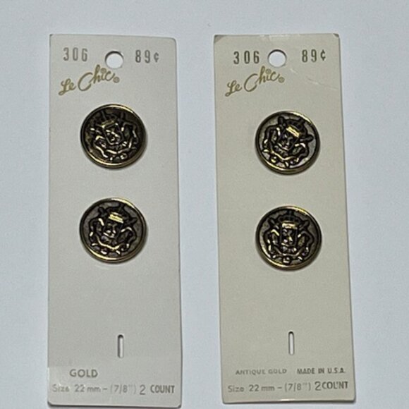 VTG Le Chic Brand Etched Imperial Crest Round Gold Tone Metal Buttons 7/8" - Picture 6 of 9
